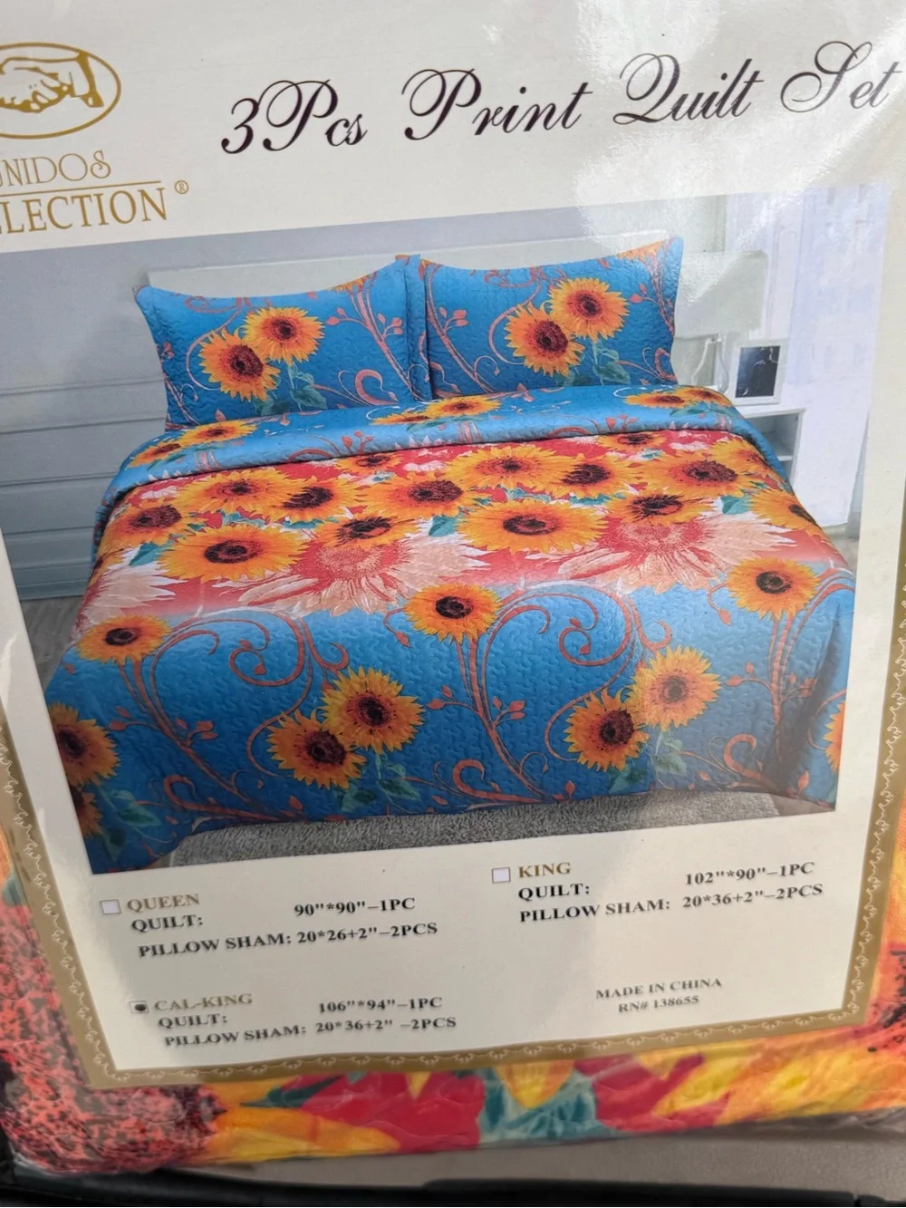 Sunflower Print 3Pc Quilt Set - Blue & Orange
